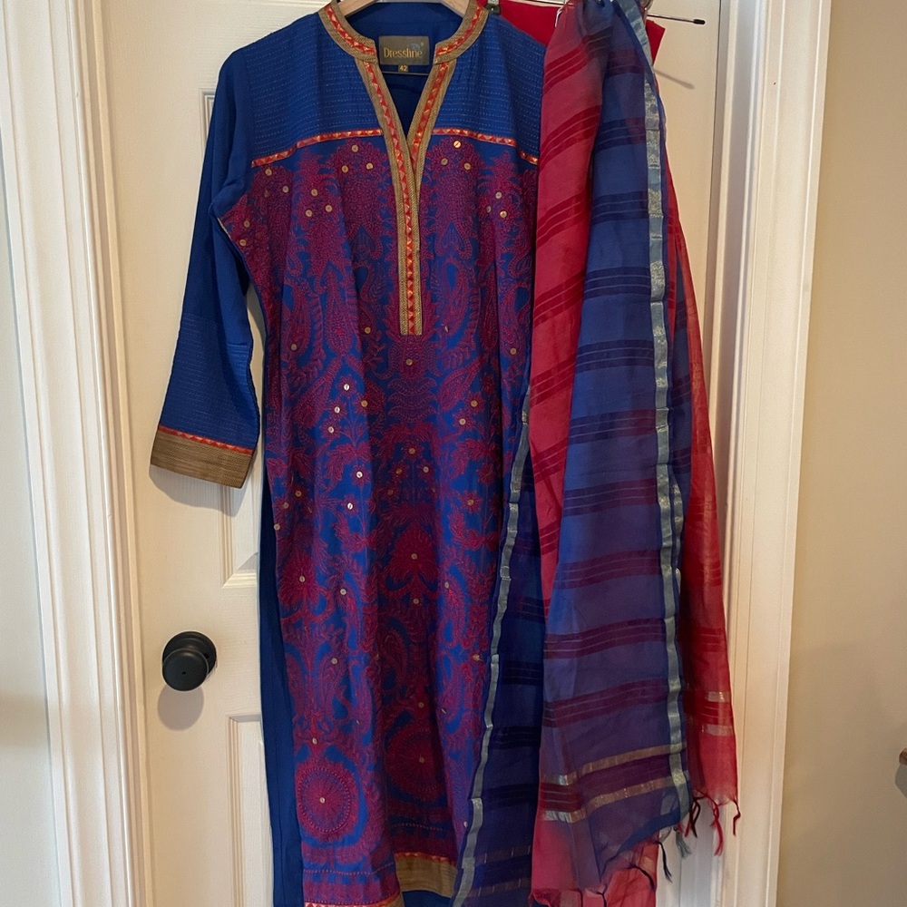 Blue and Red Embroidered Kurta Set